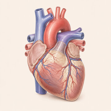 AI generated detailed medical illustration of human heart anatomy coronary vessels major arteries for healthcare education cardiology clinical reference