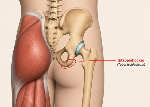AI generated ischial tuberosity hip pelvis gluteal muscle anatomy isolated clean background detailed medical reference for orthopedics education rehabilitation healthcare