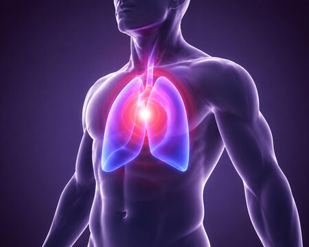 AI generated medical visualization of glowing lungs bronchial anatomy inside transparent chest for healthcare education pulmonology clinical reference