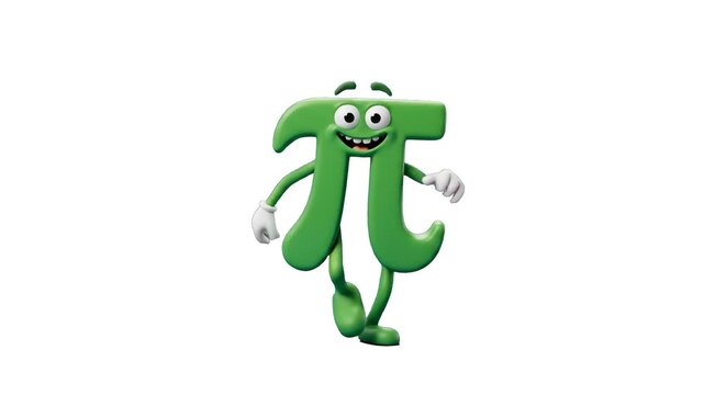 A cute 3D green Pi math symbol character with cartoon eyes and gloves dancing isolated against a solid white background. Ideal for educational media, mathematics tutorials, school videos, and children