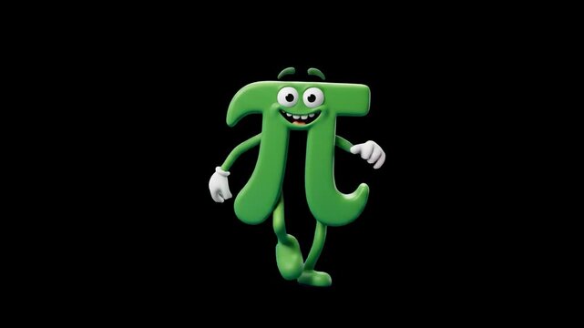 A lively 3D green Pi math symbolA  character performs a fun dance step against a dark black background. Excellent for geometry video lessons, mathematics explainer clips, and STEM education marketing.