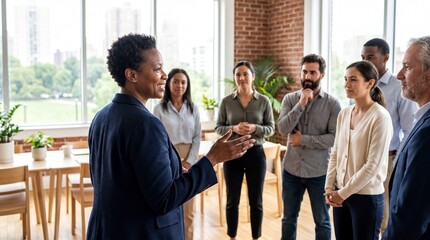Obraz premium Diverse leadership dynamics, a confident black woman leads a diverse team in a vibrant office meeting