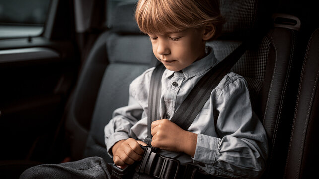 Young boy fastening seat belt in car. Child buckling up safety harness in vehicle back seat.
