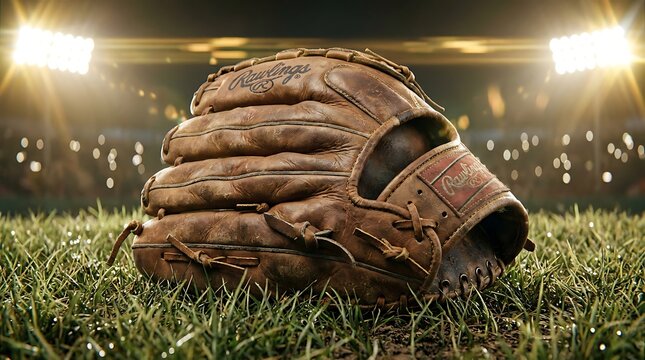 A weathered leather baseball glove resting on the grass of a stadium field at night.