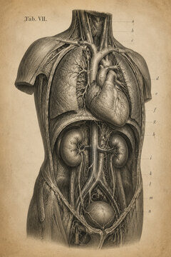 AI generated vintage anatomical engraving of human torso detailed heart lungs kidneys vessels muscles aged parchment ideal for medical education history scientific design