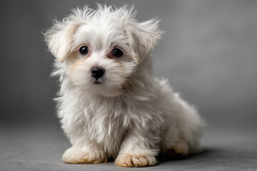グレー背景でおすわりするかわいいマルチーズの子犬