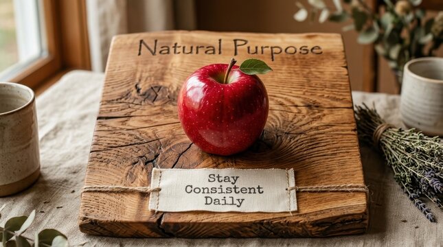 Fresh red apple rests on a rustic wooden block engraved with natural purpose and a small tag saying stay consistent daily. This scene represents healthy living, the mindful habit and organic wellness.