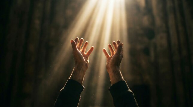 Hands Reaching Upwards into Divine Light Rays, Symbolizing Hope, Prayer, and Spiritual Connection