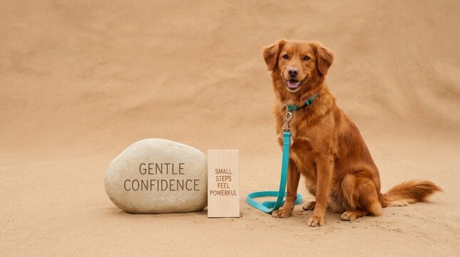 Golden retriever dog sitting on sand by a stone with gentle confidence text and a wooden block with small steps feel powerful quote, showcasing pet mental health and mindful wellness in nature scenes.