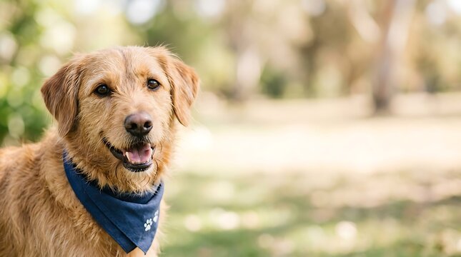 Happy scruffy dog with blue bandana in a sunny park with copy space