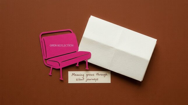 Minimalist pink paper bench cutout labeled open reflection sits beside a folded white note and handwritten quote on brown backdrop, representing mental health and personal growth concepts for designs.