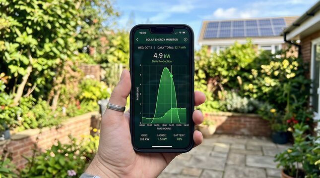 Hand Holding Smartphone Displaying Solar Energy Monitor App with House Solar Panels in Background