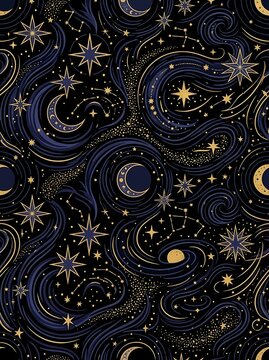 Celestial night sky pattern with golden stars and crescent moons