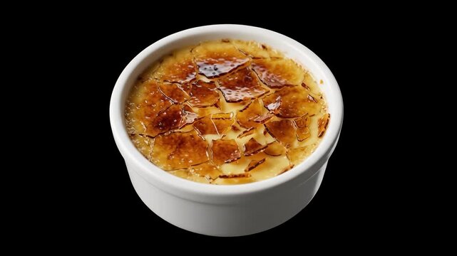A bowl of creamy cr&egrave;me br&ucirc;l&eacute;e showing cracked golden caramelized sugar on top sits against a stark black background. Excellent for fine dining commercials, luxury dessert promos, and culinary app grap