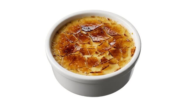 A classic French cr&egrave;me br&ucirc;l&eacute;e served in a white ceramic ramekin with a caramelized sugar crust isolated on white. Great for restaurant menus, pastry chef tutorials, and dessert delivery marketing.