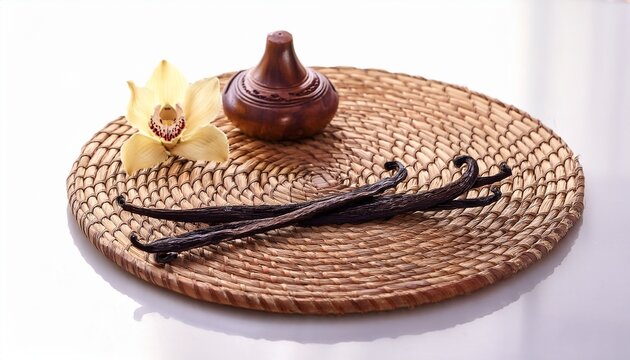 a handwoven raffia table mat with vanilla pods and a wooden carving