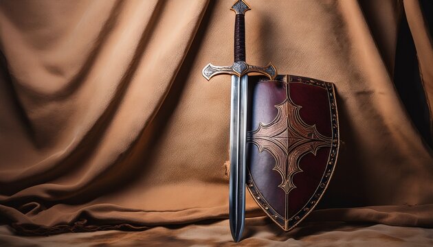 a meticulously crafted foam longsword leans against an antiqued leather shield on a tent canvas