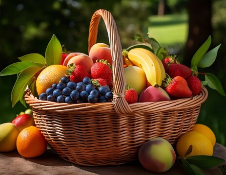 a tightly woven osier basket filled with fresh fruits natural texture of willow