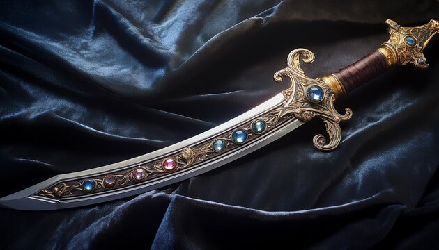 an ornate curved sword with a gem encrusted scabbard on dark velvet