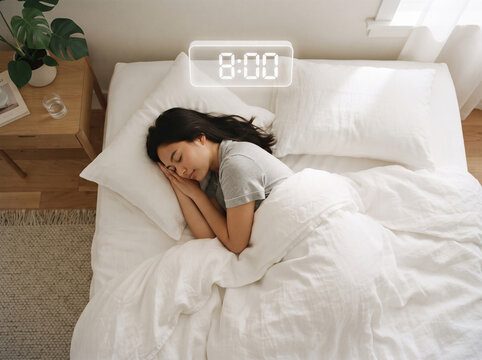 Peaceful young woman sleeping in a comfortable white bed with a digital alarm clock showing 8:00 hologram.