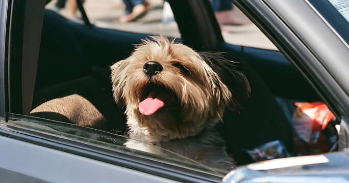 Adorable canine in the car on a bright day. Do not leave animals in vehicles during hot weather