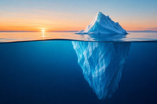 Iceberg above and below water at sunrise in polar ocean