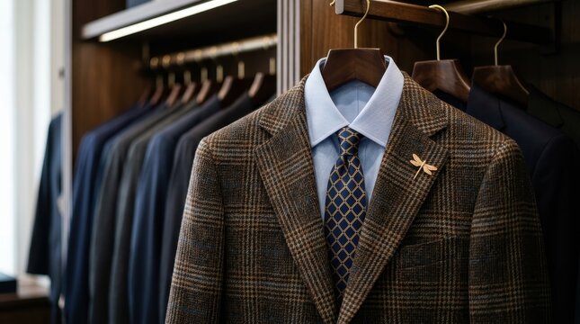 Elegant brown plaid suit jacket with a dragonfly pin hanging in a luxury closet showcasing sophisticated bespoke menswear for professional business executives and high class formal event attire today