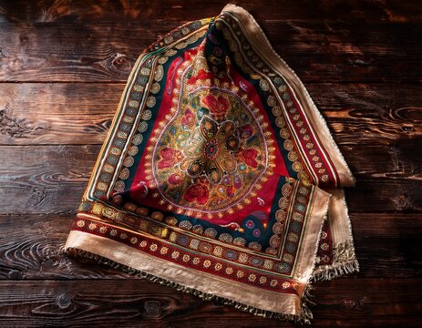 exquisite kashmiri pashmina shawl with intricate embroidery on rustic wooden floor