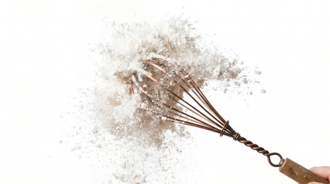 Wire whisk (fouet) in motion, creating an explosion of white flour in the air, isolated on a white background