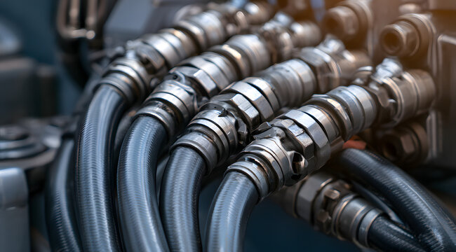 A close-up of an industrial hydraulic system, emphasizing high-pressure hoses and metal fittings.