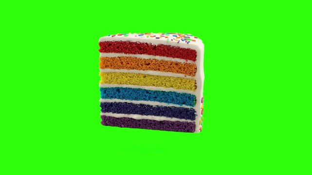 A colorful multi-layered rainbow cake slice topped with sprinkles isolated on a solid green chroma key background. Ideal for birthday celebrations, bakery commercials, dessert promotions, and food mot