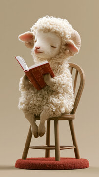 Cute fluffy sheep reading a book while sitting on a wooden chair, whimsical 3D animal illustration