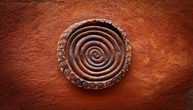 spiral pattern on ancient pottery shard against an ochre wall