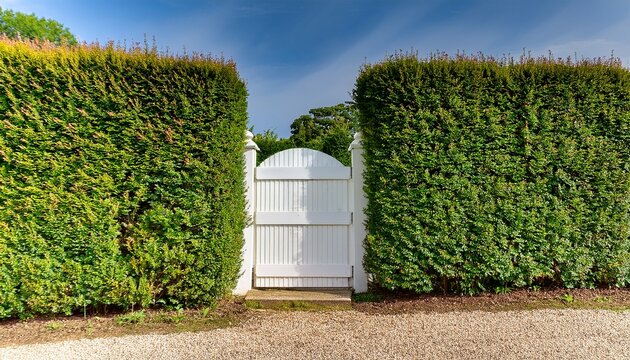 white garden gate in front of a tall dense privet hedge