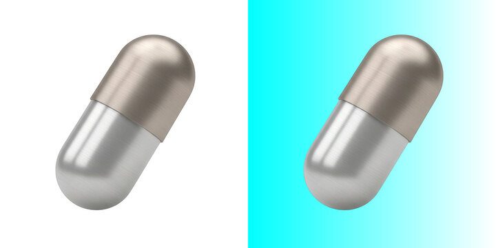 Metallic medical pill capsule isolated on transparent background