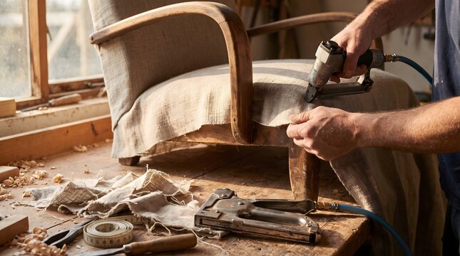 A craftsman uses a staple gun to reupholster an armchair in a workshop with tools and fabric scattered on a wooden bench.