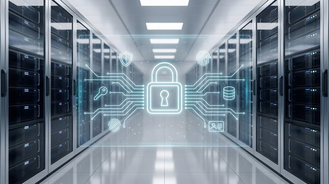 Cybersecurity padlock hologram protecting server room data center