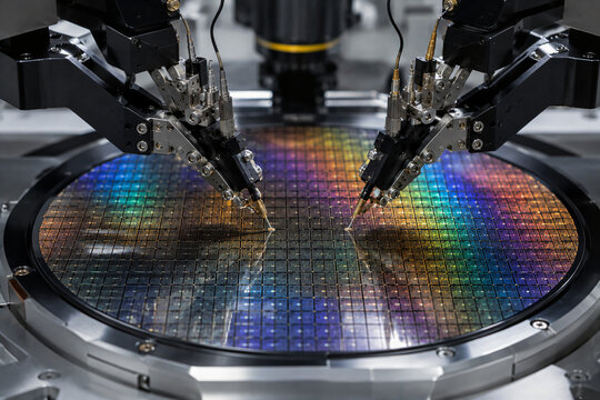Close-up of precision robotic probes testing a colorful silicon wafer during semiconductor manufacturing.
