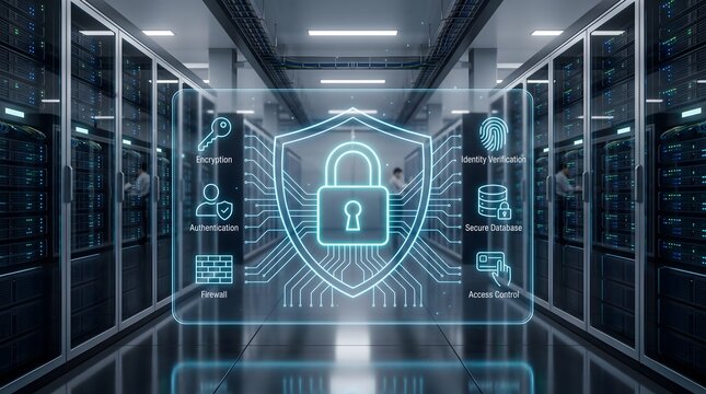Cybersecurity shield interface protecting data center server room