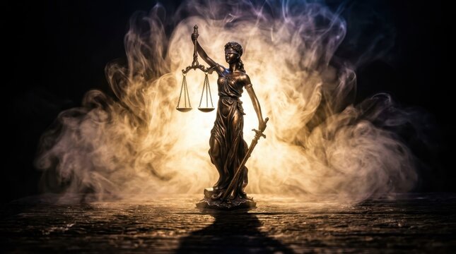 Cinematic Lady Justice statue holding scales and sword with dramatic golden smoke background representing legal system fairness and judicial integrity for law office marketing and social justice area.