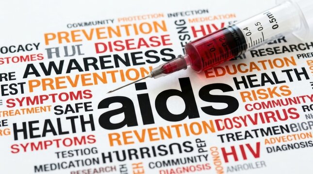 Medical syringe filled with red blood placed on AIDS HIV awareness word cloud background featuring keywords like prevention and health to represent global healthcare research and
