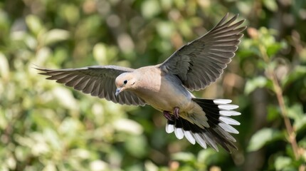 Fototapeta premium Mourning dove flying gracefully through a lush green garden during a sunny day shows spread wings and detailed feathers in mid air while providing a scenic view of nature and wildlife in