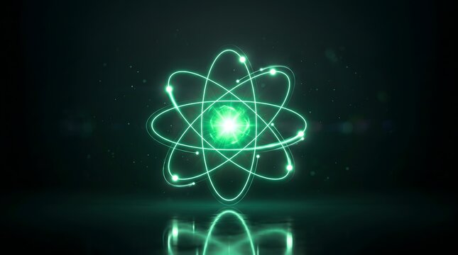 Futuristic glowing green atom model for quantum physics research