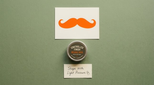 Premium beard wax tin sits on a textured green surface below an orange mustache card and instructions for shaping facial hair, perfect for mens grooming and stylish barber shop brand promotions today.