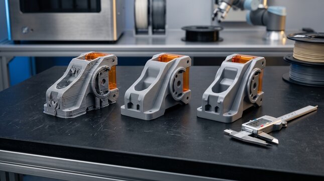 Industrial 3D printed metal parts on laboratory workbench, additive manufacturing components, precision engineering prototypes with digital caliper
