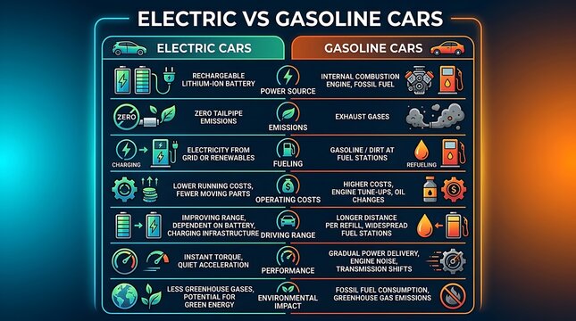 Comparison chart of electric vs gasoline vehicles with icons
