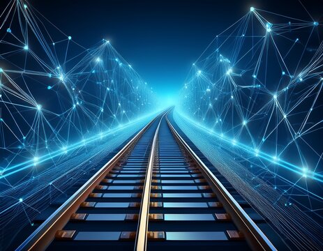 a train traveling on rails a two way railway track a low poly construction of interconnected lines and points blue background