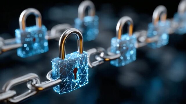 Blockchain Security: A digital chain of interconnected, glowing blue padlocks symbolizes the robust security and decentralized nature of blockchain technology.