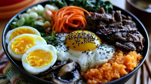 Colorful Korean Bibimbap Bowl with Rice, Egg, Vegetables and Beef Slices for a Delicious, Healthy Meal Presentation in a Vibrant Setting