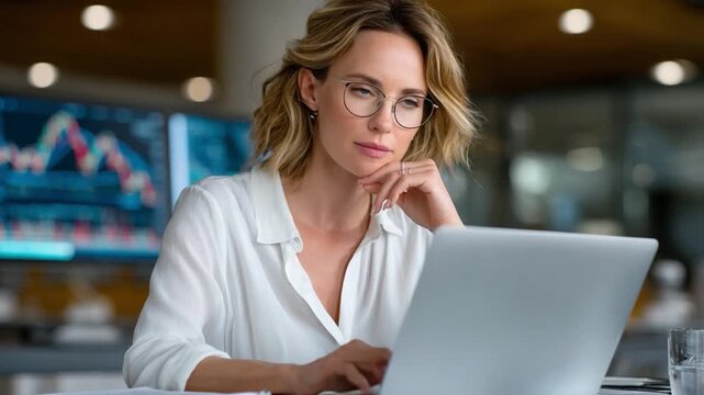 Focused Professional at Work: A blonde businesswoman with glasses intently studies data on her laptop, a look of deep concentration on her face.